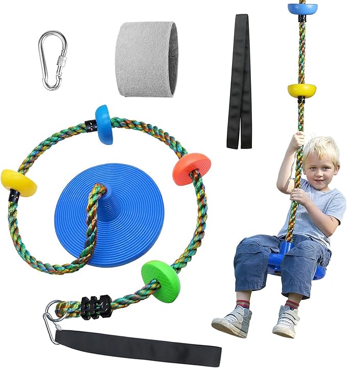 Tree Swing for Kids Backyard Single Disc Rope Climbing Swing Seat for Tree Indoor Outdoor Playground Set Accessories with Thickening 4 Ft Strap -Blue