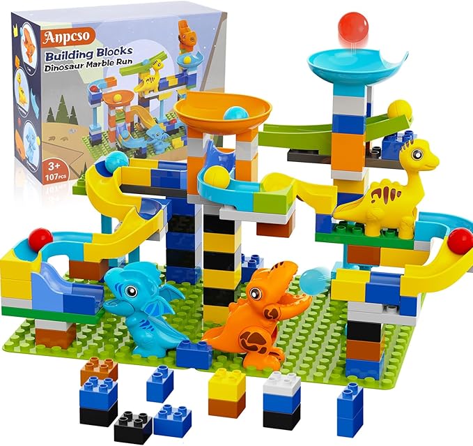 Marble Run Building Blocks, Dinosaurs Marble Track Toy Classic Large Bricks for 3 4 5 6 7 + Year Old Boys Girls Kids, Bricks Compatible with All Major Brands