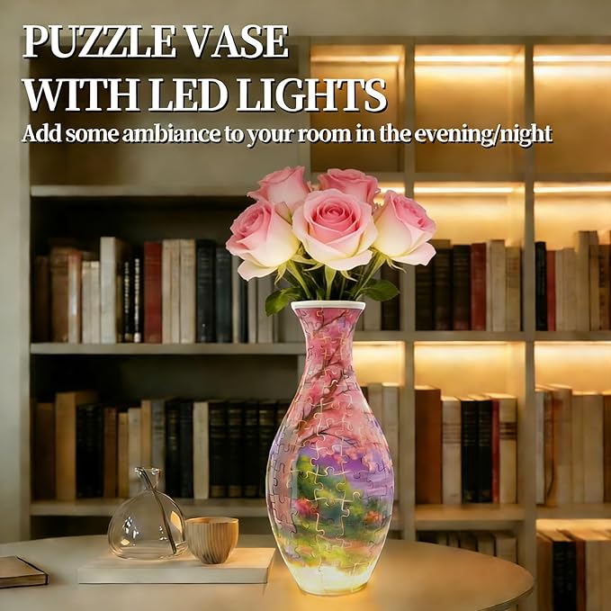 3D Puzzles Vase for Adults, Crafts for Adults, 160 Pieces Plastic DIY Unique Flower Vase with LED Light House Warming Gift Birthday Gifts for Flower Arrangements and Home Decor (Cherry Blossoms)