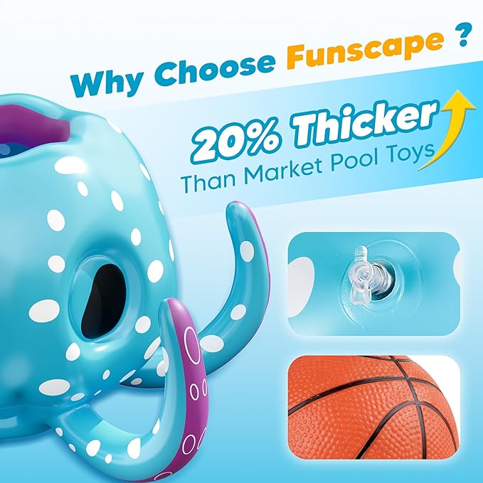 Funscape Octopus Pool Toys, 2-in-1 Inflatable Floating Pool Game, Basketball Hoop & Ring Toss Water Game, Outdoor Summer Beach Backyard Play, Cool Family Party Gift 3 4 5 6 7 8 Year Old Boy Girl Child
