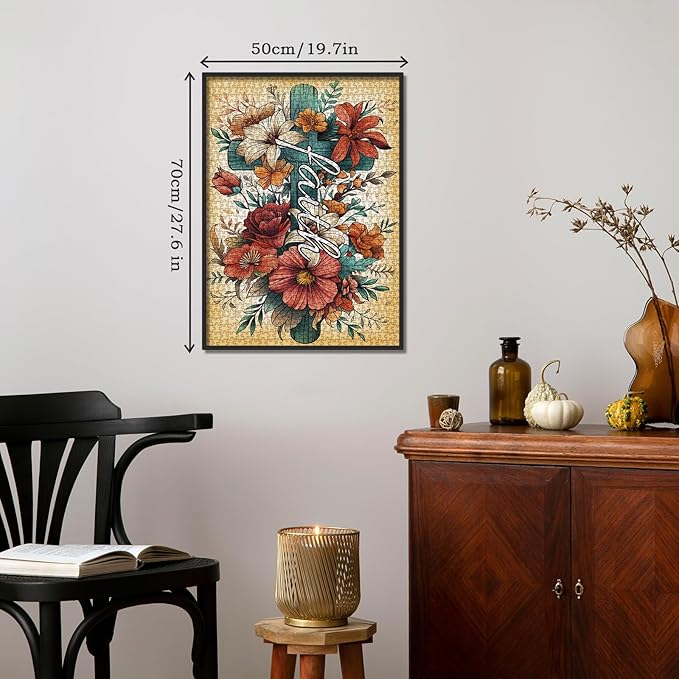 Vintage Flower Cross Puzzles for Adults 1000 Pieces, Christian Religious Floral Jigsaw Puzzles, Pretty Catholic Art Puzzles