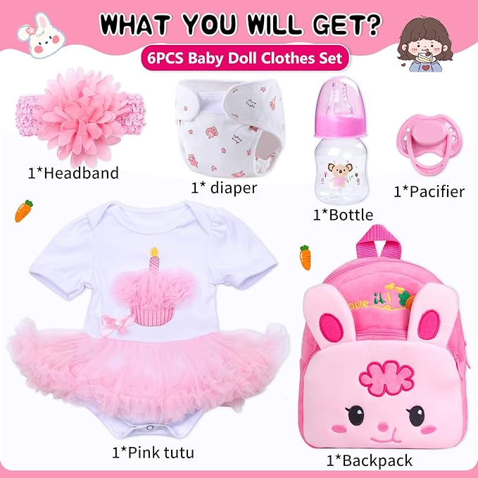Reborn Baby Doll Clothes Girl Pink TUTU Dress with Backpack Diaper Accessories 6 Pcs for 17-22 Inch Babydolls, Outfit fit Babies Dolls Girl - Magnetic Pacifier & Fedding Bottle,Babies Pretend Play Set