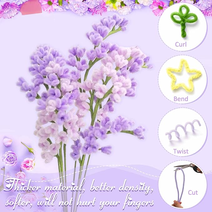 Peryiter 500 Pieces Pipe Cleaners Chenille Stems for Flowers Craft Supplies Bulk Fluffy Fuzzy Sticks for DIY Art Projects Creative Gift Wrapping Party Decorations(Light Purple Flower,12 Inch)