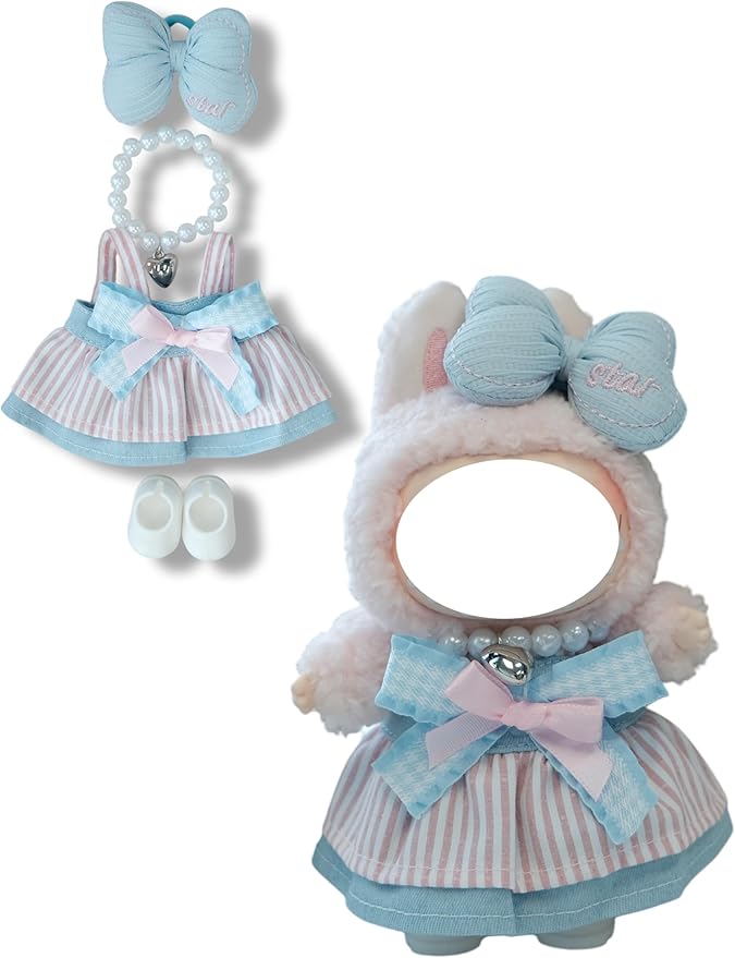 Clothes for 17cm Doll, 4 pcs Set Doll's Outfits Luxury Dress Skirt Butterfly Bow Headset Shoes Accessories Fashion Stylish Adorable Dolls Clothes (No Doll) (Bowknot Skirt Blue)