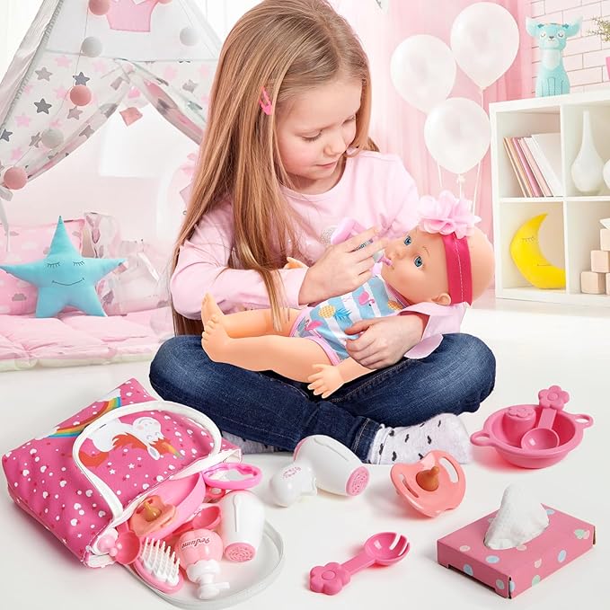 Golray Girl Baby Doll Stroller Toy Set with 12" Baby Doll & 17pcs Baby Doll Accessories Handbag/Clothes/Sunshade/Feeding Nursery Pretend Play Toy Birthday Gift for Toddler Girls 3 4 5 6 7 Years Old