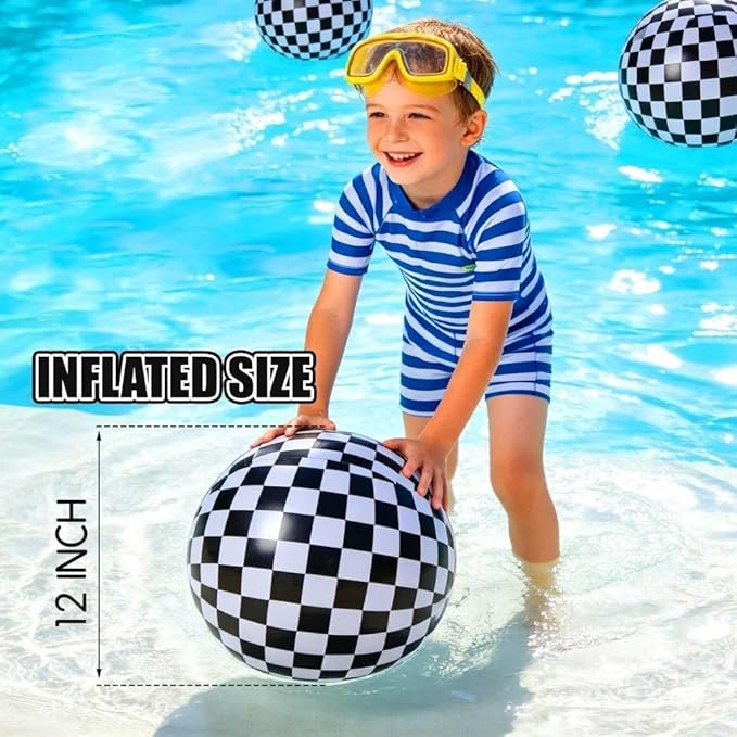 SCIONE 12 Pack 12 Inch Black and White Checkered Flag Inflatable Balls, Beach Balls for Race Car Party Decorations, Truck Birthday Favors & End of Year Student Gifts