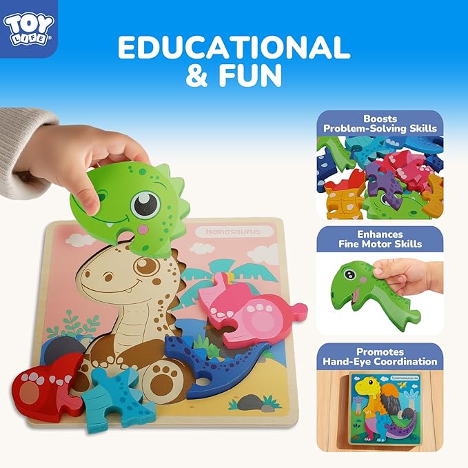 TOY Life Wooden Puzzles for Toddlers 2-4, 6 Pack Dinosaurs Puzzles for Toddler 1-3, Kids Montessori Toys for 1 2 3 Year Old, Educational Toys for Boys Girls Age 2 3 4 5, Baby Learning Toy Gifts