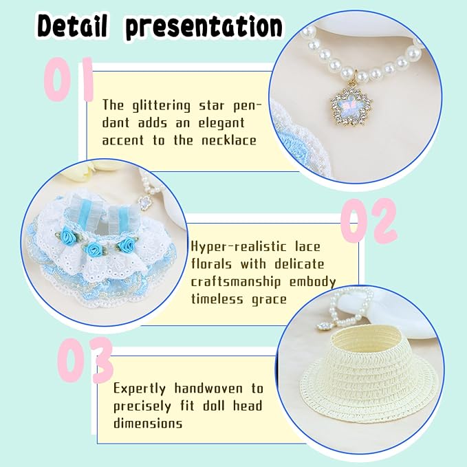 Clothes for labubu Skirt Set for Doll 3 Piece Set with Dress Outfit Hat Necklace Chic Dress for Dolls Accessories (NO Doll)(SkyBlue Lace)