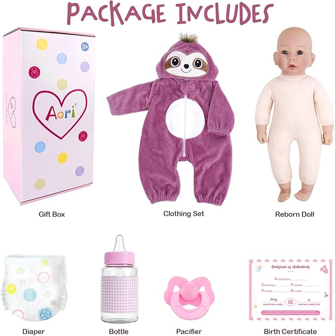 Aori 17 Inch Real Baby Dolls Realistic Lifelike Baby Doll with Soft Body & Sloth Outfits, for Girls 3+ Role Play, Adoption Day, Photography Prop, Collectible