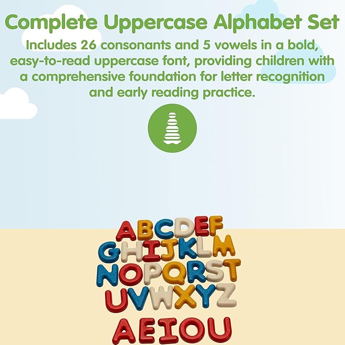PlanToys® Wooden Upper Case Alphabet Letters | 31 Pc ABC Learning Toy for Toddlers | Montessori Wooden Alphabet Set for Spelling, Phonics & Preschool Learning | Educational Toy for Kids Ages 2+