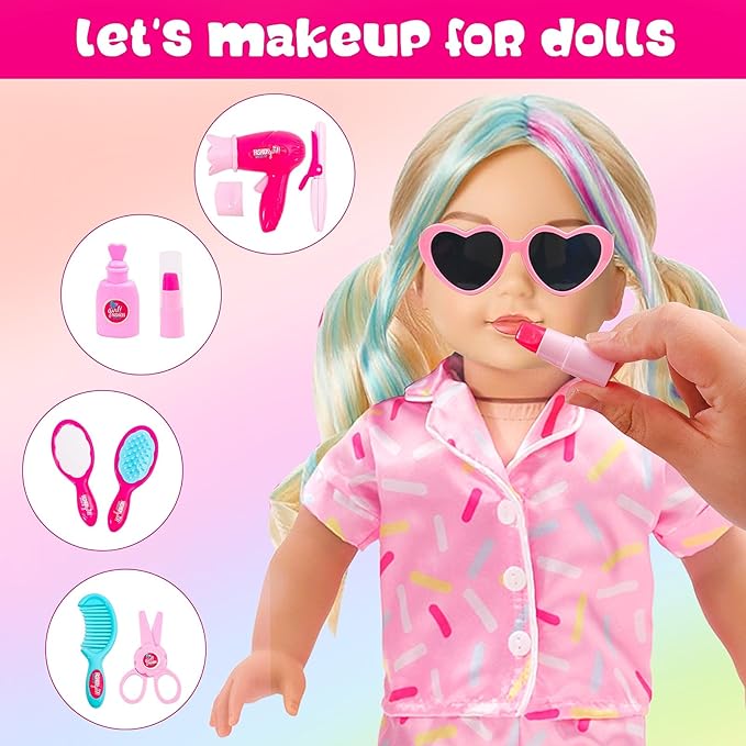 American 18 Inch Doll Accessories Sleepover Pajama Set with Travel Suitcase, Doll Accessories Bundle, Wigs, Sunglasses, U-Shaped Unicorn Pillow(No Doll)