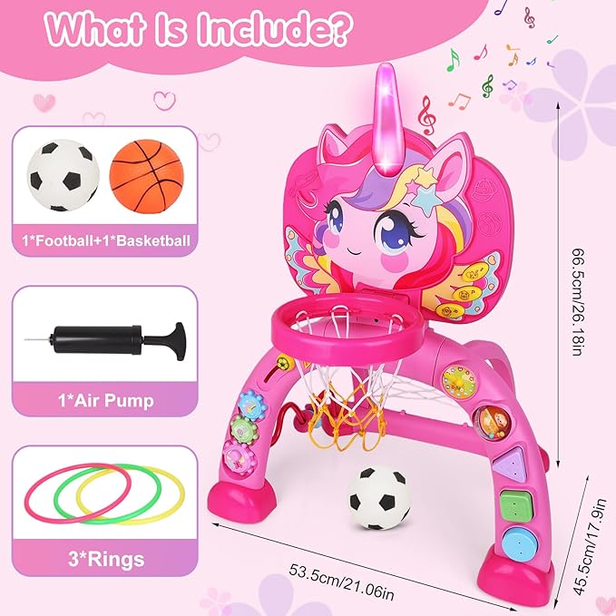 Toddler Basketball Hoop for Kids, Unicorn Basketball & Soccer Game Sports Toy with 30+ Sounds, Baby Basketball Hoop Toys for 1 2 3 Years Old Girls Boys Christmas Birthday Gifts Indoor Outdoor Play
