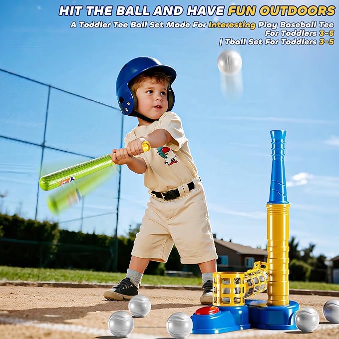T Ball Sets for Kids 3-5, Baseball T-Ball Set with 10 Balls, Outdoor Sport Toy Games for 3-12 Year Old Boys Girls Toddlers, Training Batting Tee for Backyard and Lawn Play
