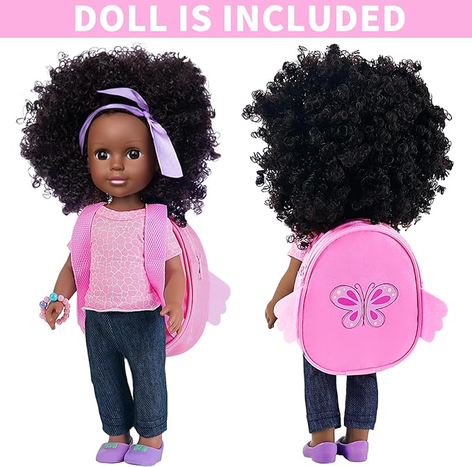 Ecore Fun 14.5 Inch Black Doll 14.5 Inch Baby Girl Doll and Clothes and Accessories Set African Washable Realistic Silicone Girl Dolls - Best Gift for Girls