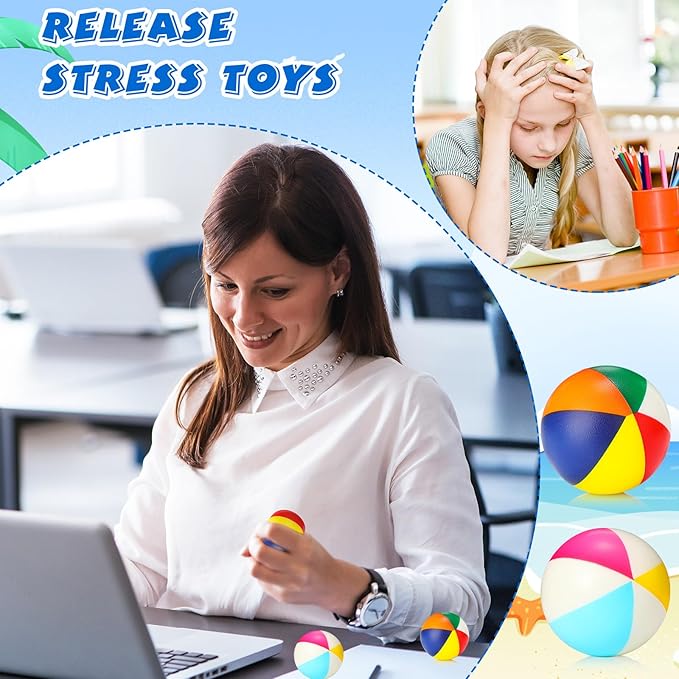 Jerify 24 Pcs Mini Beach Stress Balls 2.5 Inch Foam PU Relief Stress Ball Mini Rainbow Blow Up Beach Balls Toys for Girls Boys Birthday Beach Hawaiian Party Favors Summer Pool Games (Mix Color)