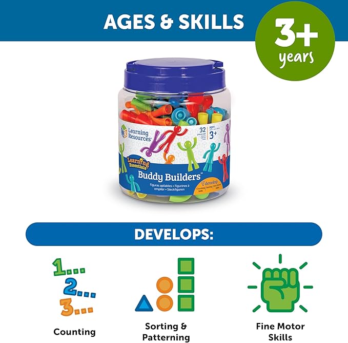 Learning Resources Buddy Builders, Fine Motor, Hand Eye Coordination Toy, 32 Pieces, Ages 3+