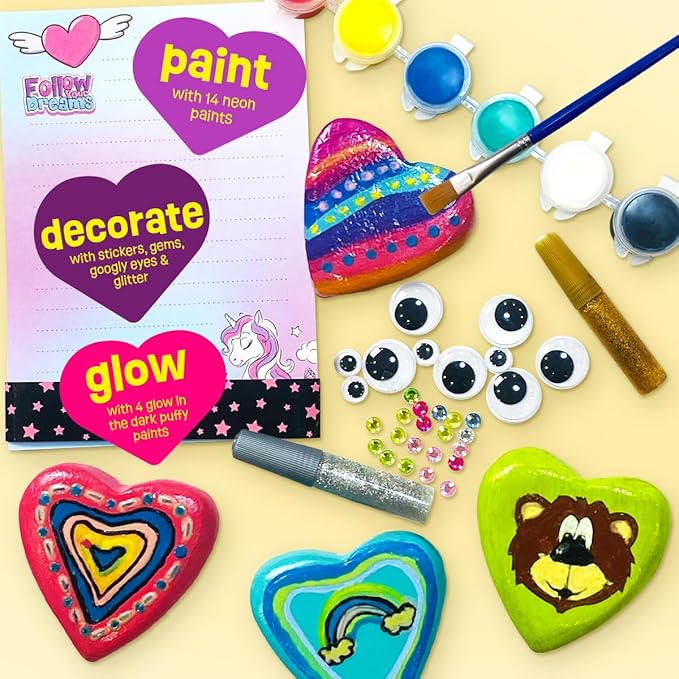 Hearts Rock Painting Kit for Kids Girls - Glow in Dark Art Supplies Ages 4-12 - Complete STEM Craft Set with Puffy Paint Stickers Gems Paints - Educational Birthday Easter Gifts Art Toys for Girl