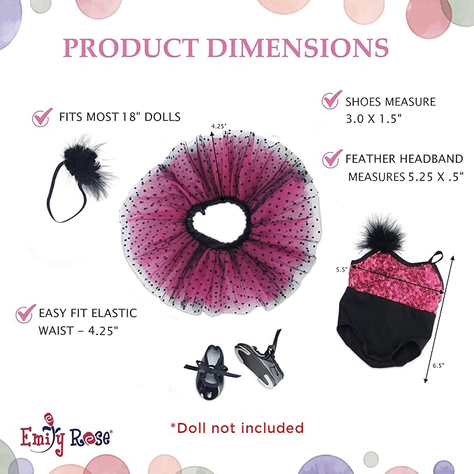 Emily Rose 18 Inch Doll Ballet Clothes Set - 4 PC Pink Ballerina Outfit Leotard, Tutu, Headband & Tap Shoes Set | Dance Recital Costume | Doll Not Included | American Girl Compatible