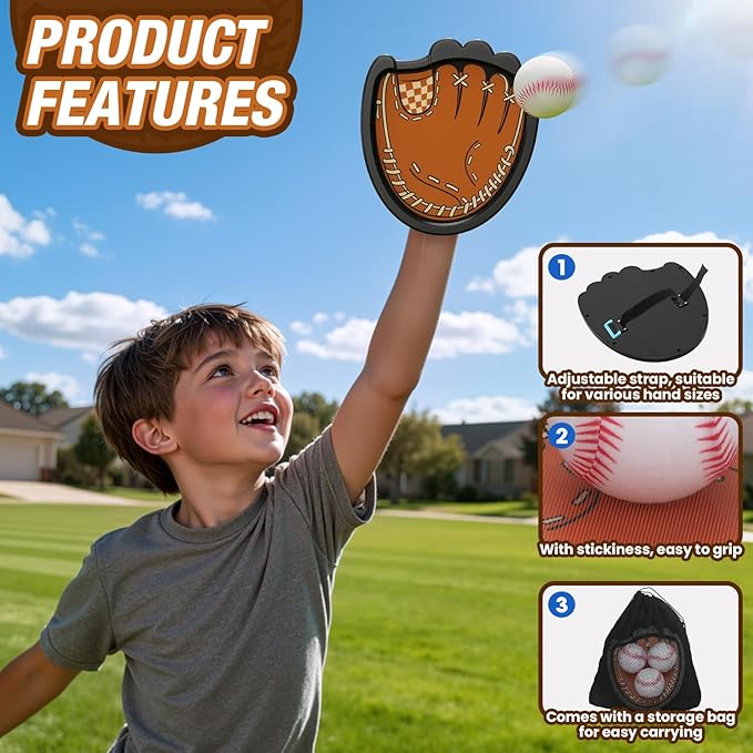 Toss and Catch Ball Set, Outdoor Games for Kids, Beach Yard Camping Toys for Adult & Family, Kids Baseball Glove for 3 4 5 6 7 8+ Year Old Boys & Girls (2 Paddles & 3 Balls)