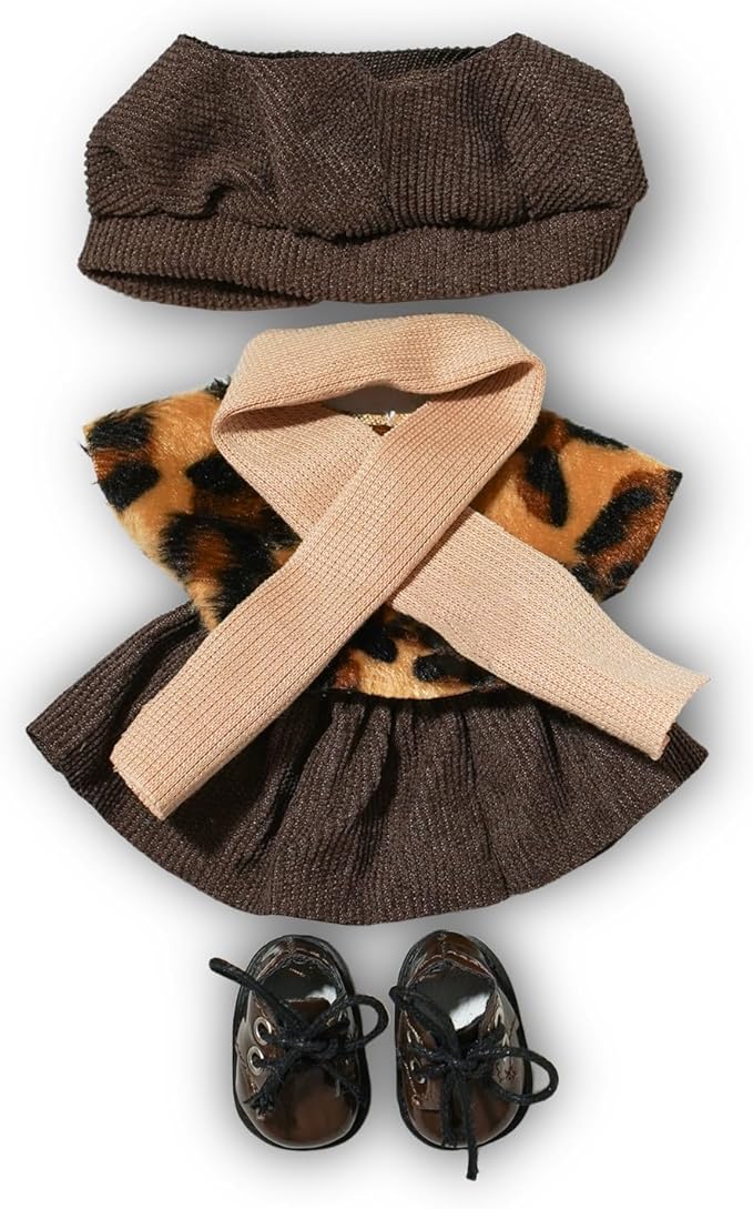 17cm Doll Clothes Outfit Set (No Doll), 5-Piece Mini Doll Clothing with Hat, Scarf, Leopard Top, Skirt & Shoes, Fits 17 cm Sitting Dolls