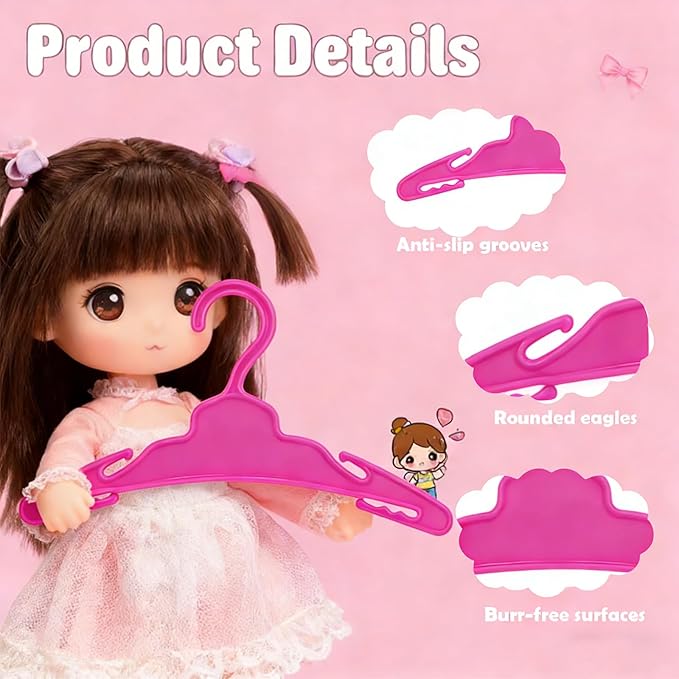 24 Pcs Doll Clothes Hangers for 18-Inch Dolls - Non-Slip, Space-Saving Wardrobe Accessories for Doll Gowns & Outfits (Pink&Rose red)