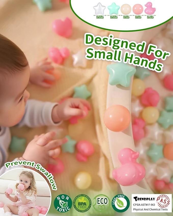 TRENDPLAY Ball Pit Balls Shapes Pastel, Duck Star Shape Non Toxic for Toddlers Kids Baby Girls Boys Dogs Soft Play,Party, 50 100 200