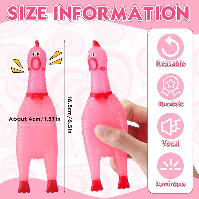 Honoson 50 Pcs Glow in The Dark Rubber Chicken 6.5 Inch Luminous Screaming Glowing Novelty Squeaky Chicken Prank Novelty Party for Adults, Family Games (Pink)