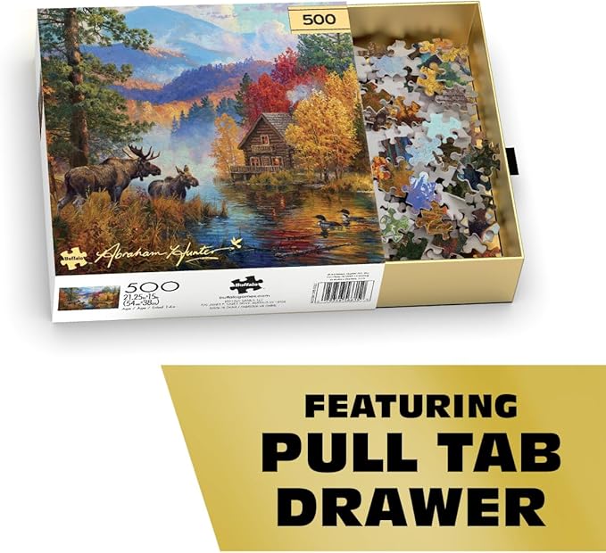Buffalo Games – 500 Piece Jigsaw Puzzle - Adirondack Lake - Abraham Hunter - Premium Gold Collection Giftable Puzzle for Adults – Precision-Cut Pieces