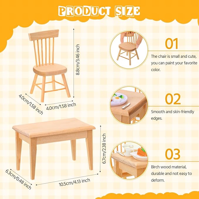 HyDren 74 Pcs 1:12 Scale Dollhouse Miniature Food with Wooden Dollhouse Furniture of Table and Chair, Mini Kitchen Accessories Sets Include Mini Milk Juice Knife Fork Spoon Dessert Cake BBQ
