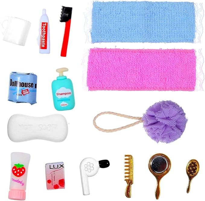 15 Pcs Dollhouse Bathroom Accessories, Mini Bath Accessories for Dollhouse Decoration, Mini Hair Dryer Brush Comb Mirror Towel Soap Toothpaste Toothbrush Makeup Set for House Bedroom Decoration