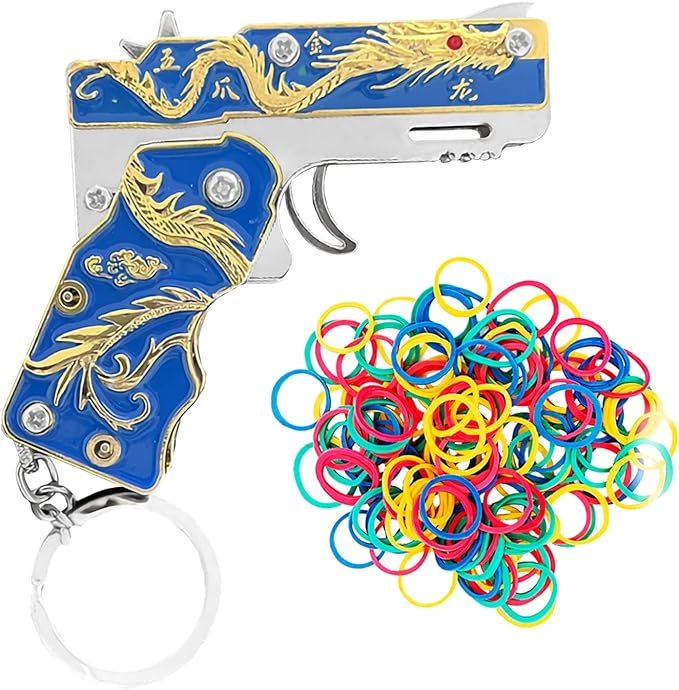 Mini Golden Dragon Rubber Band toy gun Metal folding keychain Rubber band gun toy Novel and funny Creative Outdoor party gift (Blue Golden Dragon)