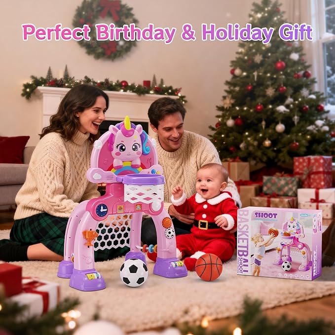 Unicorn Toddler Basketball Hoop & Soccer Goal with Light & Music, 2-in-1 Sports Toy for 1-3 Year Old Boys & Girls, Toys for 1+ Year Old Girls, Birthday for Baby Kids