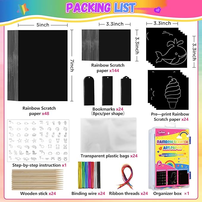 Funtopia 240 Sheets Rainbow Scratch Paper, Color Scratch Art for Kids Ages 4 5 6 7 8 9 10 Girls Boys, Art Crafts Party Favors Drawing Kits with Guide for School Classroom Travel Birthday Party Gifts