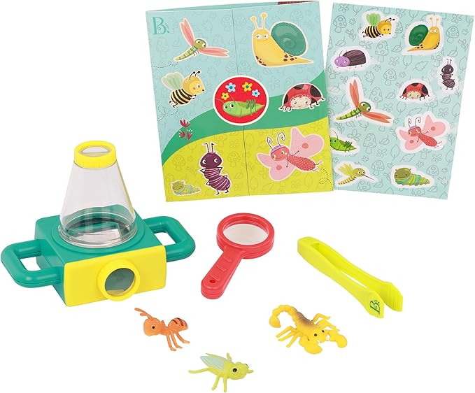 B. toys – 9 Pieces Toy Microscope Set with Sticker Book, Magnifying Glass & Tweezers, Includes 4 Toy Bugs for Little Explorers, STEM Learning, Educational Toys for Kids 4+ Years