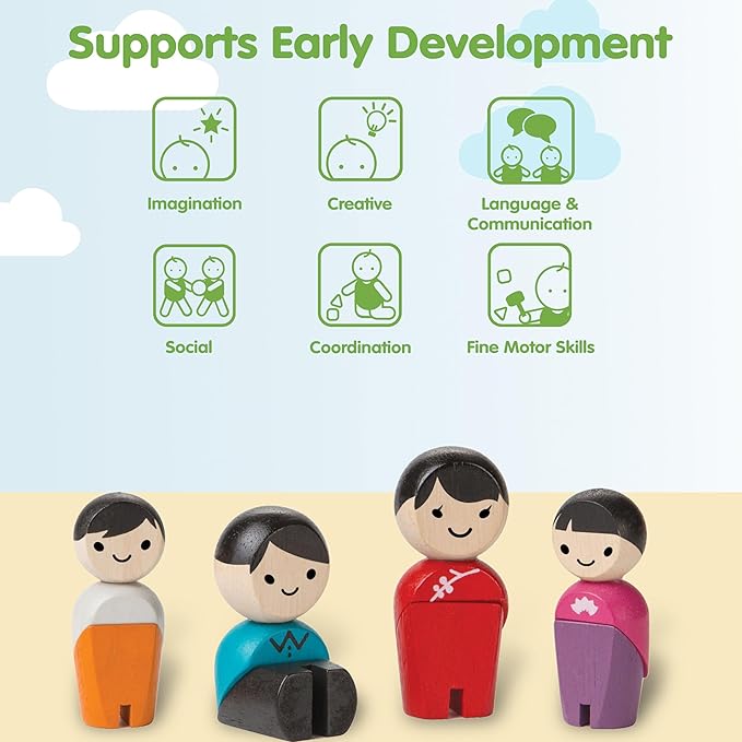 PlanToys® PlanWorld Family Set | 4 Wooden Poseable Figures for PlanCity & PlanWorld Playsets | Montessori Pretend Play Family with Flexible Arms & Legs | Eco-Friendly Sustainable Wooden Toy for Kids