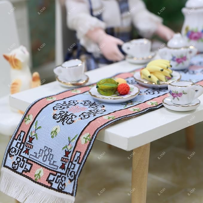 iLAND 1/6 Scale Accessories Mini Tea Set Miniature Porcelain 16pcs Set w/Table Runner Elf Accessories Cute Miniature Dollhouse Décor Fit 12 inch Dolls Action Figure Elegant Gilded Rosette