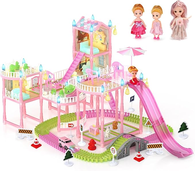 Doll House with Lights&Track Car Toy Set,Princess Dollhouse for Girls, 3 Dolls, Pets, Car, Furniture and Accessories, Design and Build Gift for 3 4 5 6 7 8+ Year Old Girls