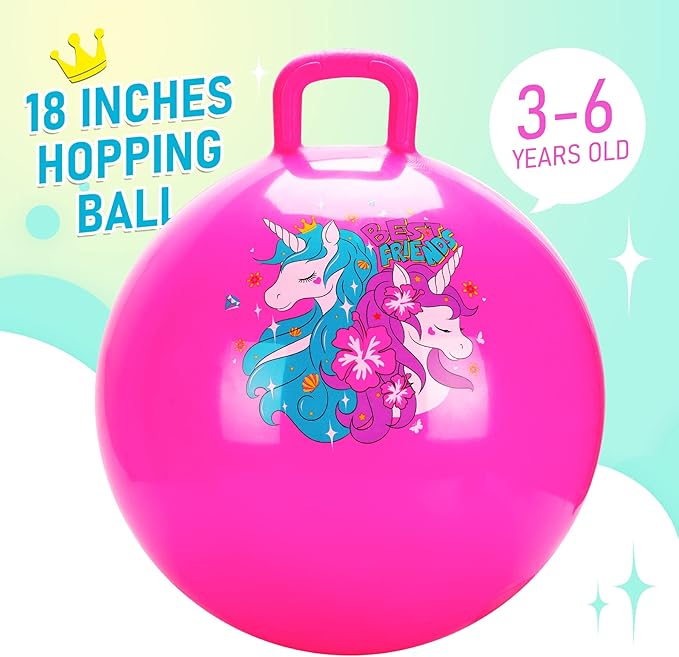 U&C Planet Hopper Ball 18 inches Bouncy Ball with Handle for Kids Age 3-6, Sit on Bounce Jumping Hopping Toy with Pump, Great Toddler Girls Toys for Birthday Gifts, Pink Unicorn