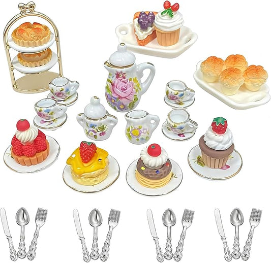 1:12 Miniature Dollhouse Porcelain Tea Cup Set 42 pcs, Kitchen Accessories Including Teapot Cup Plates, Knifes and Forks, Cakes and Desserts and a Cake Stand