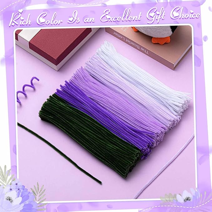 Peryiter 500 Pieces Pipe Cleaners Chenille Stems for Flowers Craft Supplies Bulk Fluffy Fuzzy Sticks for DIY Art Projects Creative Gift Wrapping Party Decorations(Purple Flower Color,12 Inch)