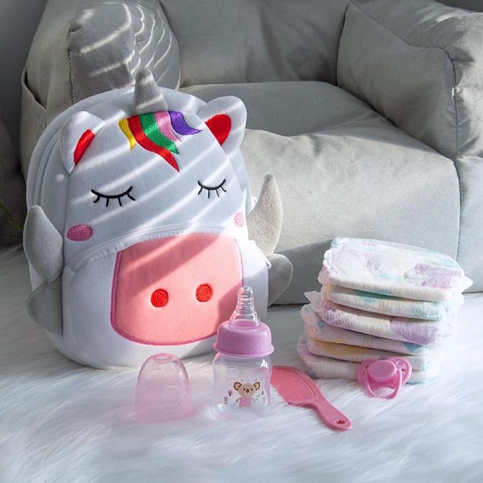 10 Pcs Reborn Baby Doll Diaper Bag Feeding and Caring Set for 17-24 Inch Reborn Dolls Accessories Newborn Baby Gift with Unicorn Backpack Pacifier Bottle Comb