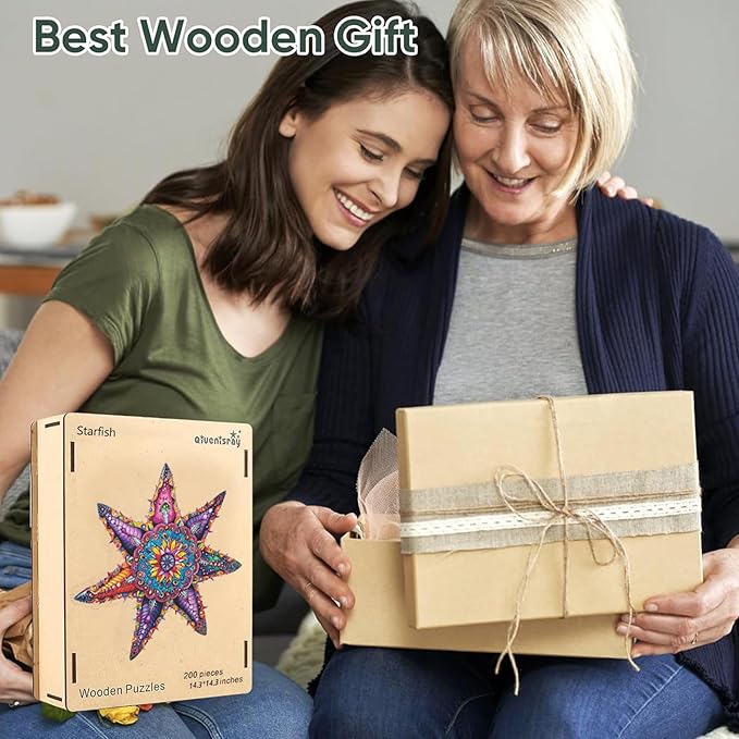Qiuenisray Wooden Puzzles for Adults, Starfish Ocean Jigsaw Puzzles 200 Pieces, FSC Certified Unique Shape Animal Adult Puzzles, Unique Wood Puzzle, Best Gift for Family Game 14.3x14.3 in