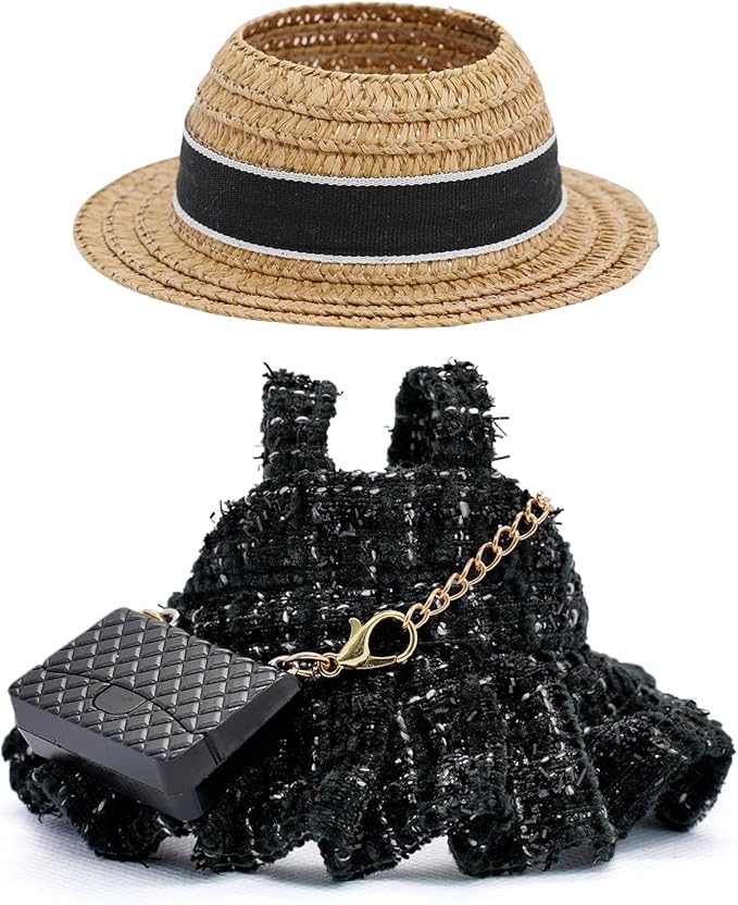 17cm Doll Clothes- Luxury Chic Style Set High-End Fashion Accessories - Premium Handmade Clothes 3 Piece Set Hat & Black Bag & Dress Adjustable Outfit (No Doll) - Pure Black - No Logo