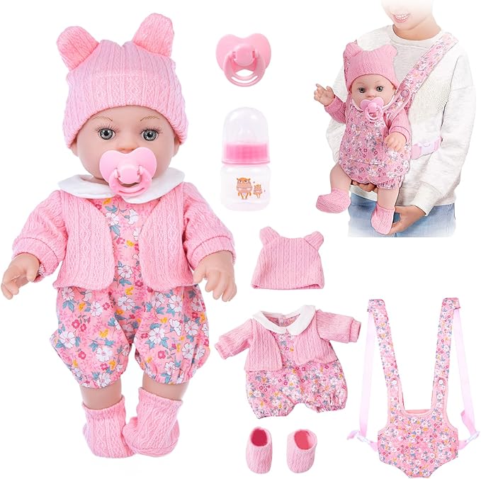 DOTVOSY 12" Baby Doll Set with Clothes and Baby Carrier for Dolls Reborn Baby Doll Accessories Include Feeding Bottles Nipple Toy Stuffs for Kids Age 3+
