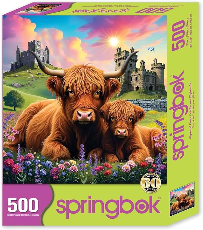 Springbok Highland Cows in The Countryside 500 Piece Jigsaw Puzzle for Adults and Family - Unique Cut Pieces - Made in USA