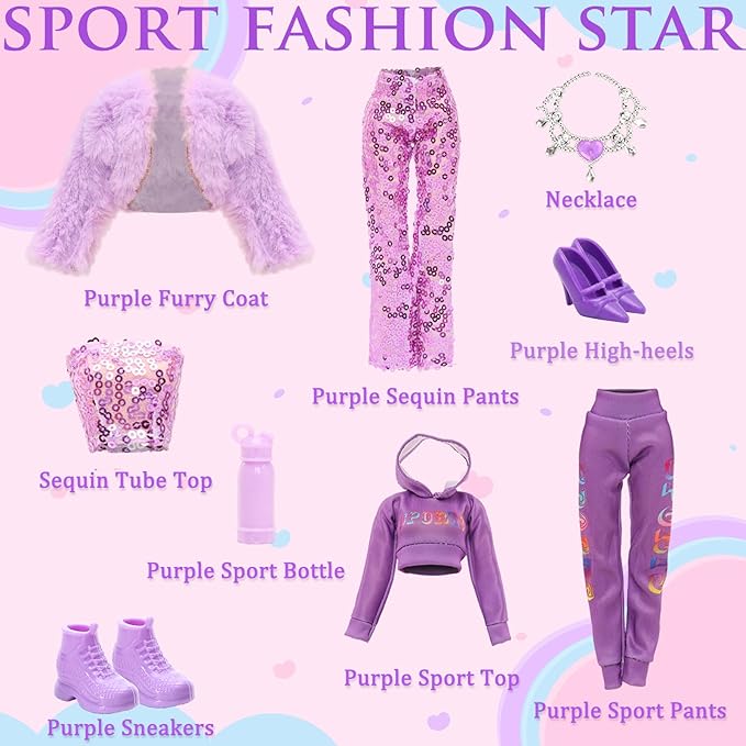 24 Pcs Doll Clothes & Accessories 8 Set Clothes Including Party Gown Chill Suits Casual Outfits Sport Wear Ballet Dresses for Doll with 8 Shoes 8 Accessories for 11.5 Inch Girl Dolls Storytelling Set