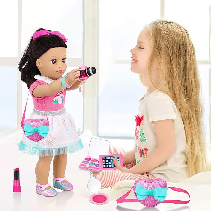 American 18 Inch Doll Clothes and Makeup Accessories Set - Includes Top and Skirt, Bag,Camera,Cell Phone,Eye Shadow,Blush,Bracelet,Lipstick,Bow Hair Clips (NO Doll)