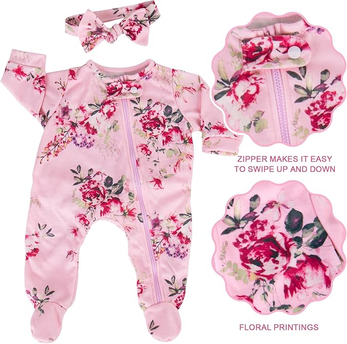 Aori Lifelike Reborn Baby Dolls Clothes 20 inch Purple Clothing Floral Jumpsuits Set for 17-20 Inch Newborn Girl Doll