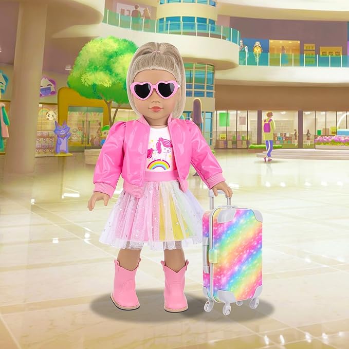 18" Doll Accessories Suitcase Doll Travel Playset Rainbow Style for Kid Christmas Birthday Gifts