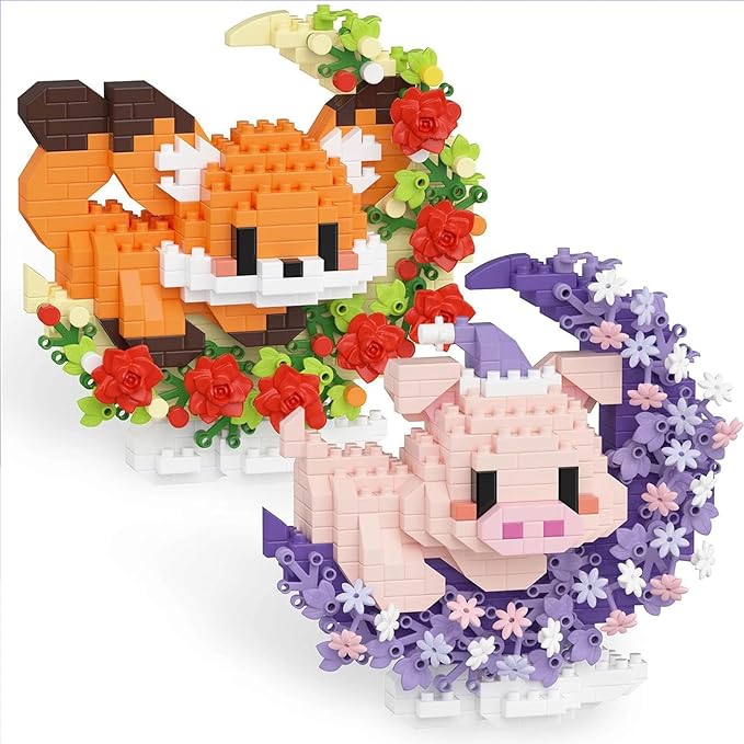 2 Packs Animals Micro Building Block - Fox & Pig, Cute Building Block Set Animals for Goodie Bags Stuffer, Fox & Pig & Rose on The Moon, Classroom Favor